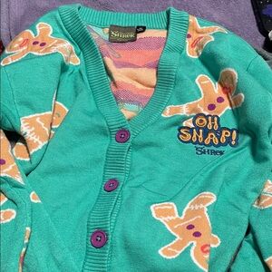 Shrek 'Oh Snap!' Teal Women's Cardigan - Gingerbread Motif
